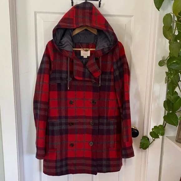 Wool Women’s Pea Coat Red Plaid Hooded Double Breasted Fall Winter - Picture 1 of 6